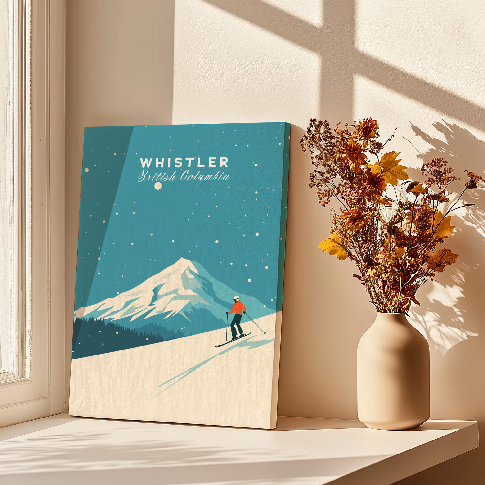 Whistler Ski Poster featuring a skier on a snowy mountain with vivid colors and a sunny atmosphere, perfect for outdoor enthusiasts.
