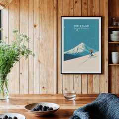 Whistler Ski Poster showcasing a skier on a snowy mountain with a vibrant blue background.