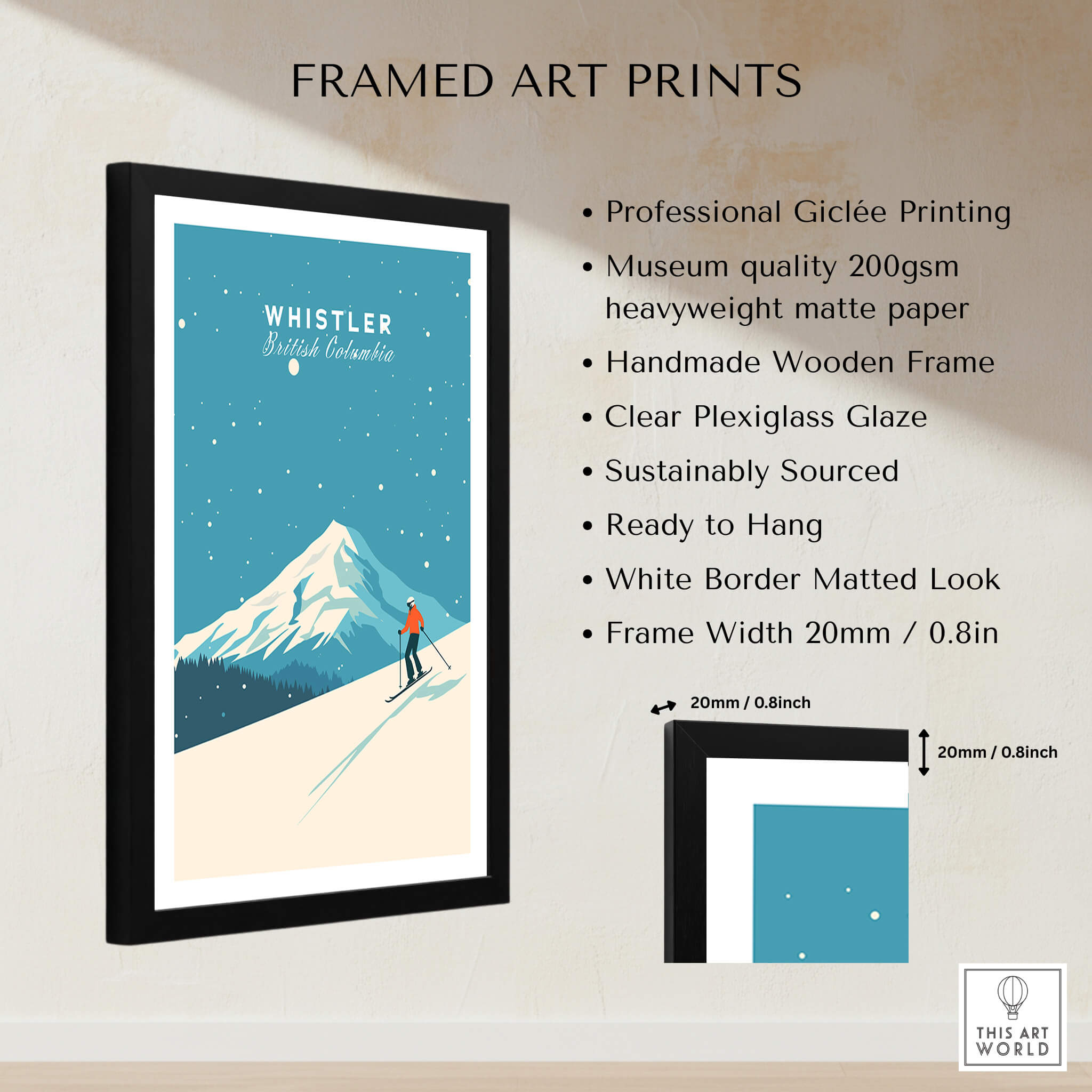 Whistler Ski Poster framed art print featuring Whistler Mountain in a stunning design.