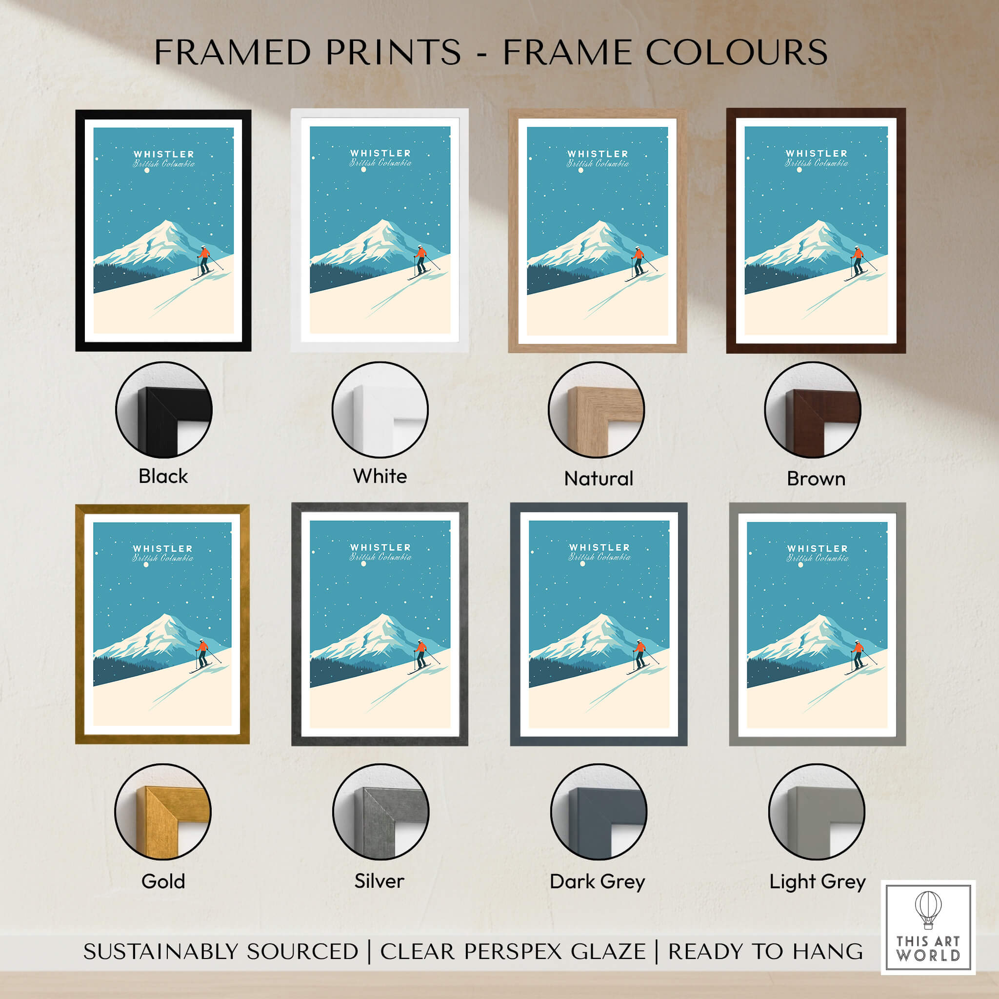 Framed Whistler Ski Poster available in various colors including black, white, natural, brown, gold, silver, dark grey, and light grey.