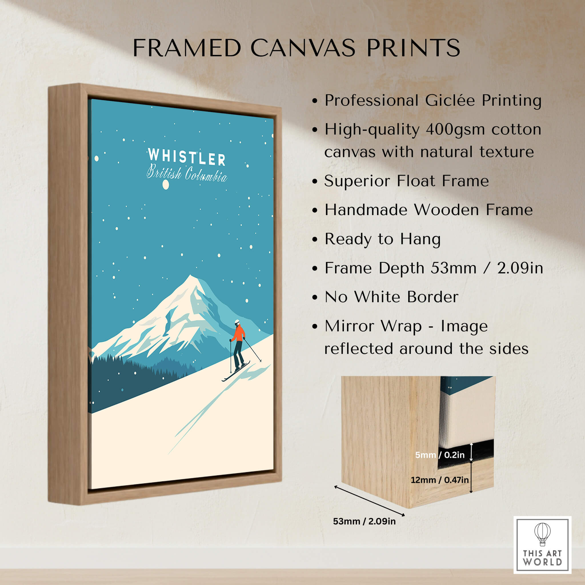 Whistler Ski Poster displayed in a framed canvas print with a scenic mountain view.