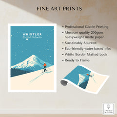 Whistler Ski Poster showcasing a skier on Whistler Mountain with a vibrant blue sky and snow-capped peak.