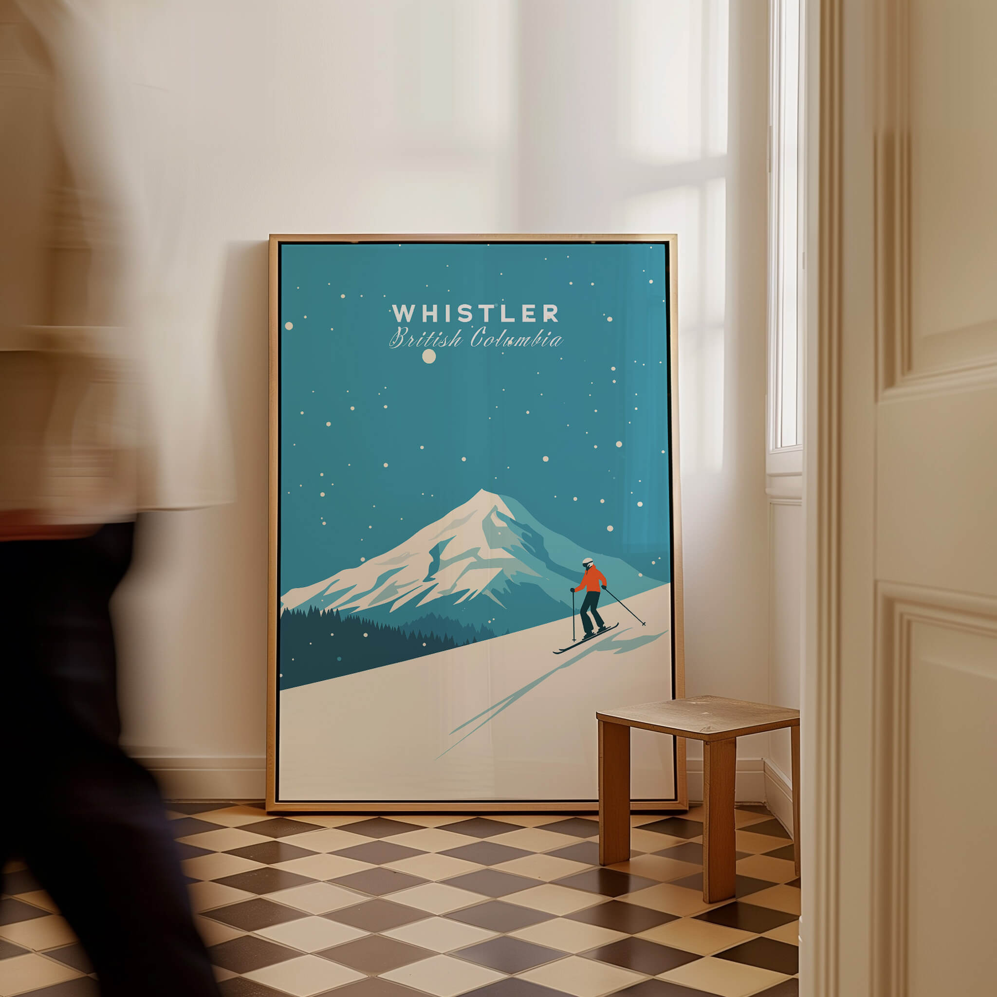 Whistler Ski Poster featuring a skier on a snowy mountain backdrop in a stylish interior setting.