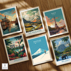 Collection of travel posters including Whistler Ski Poster, Venice, Paris, Singapore, Sri Lanka, and The Highlands.