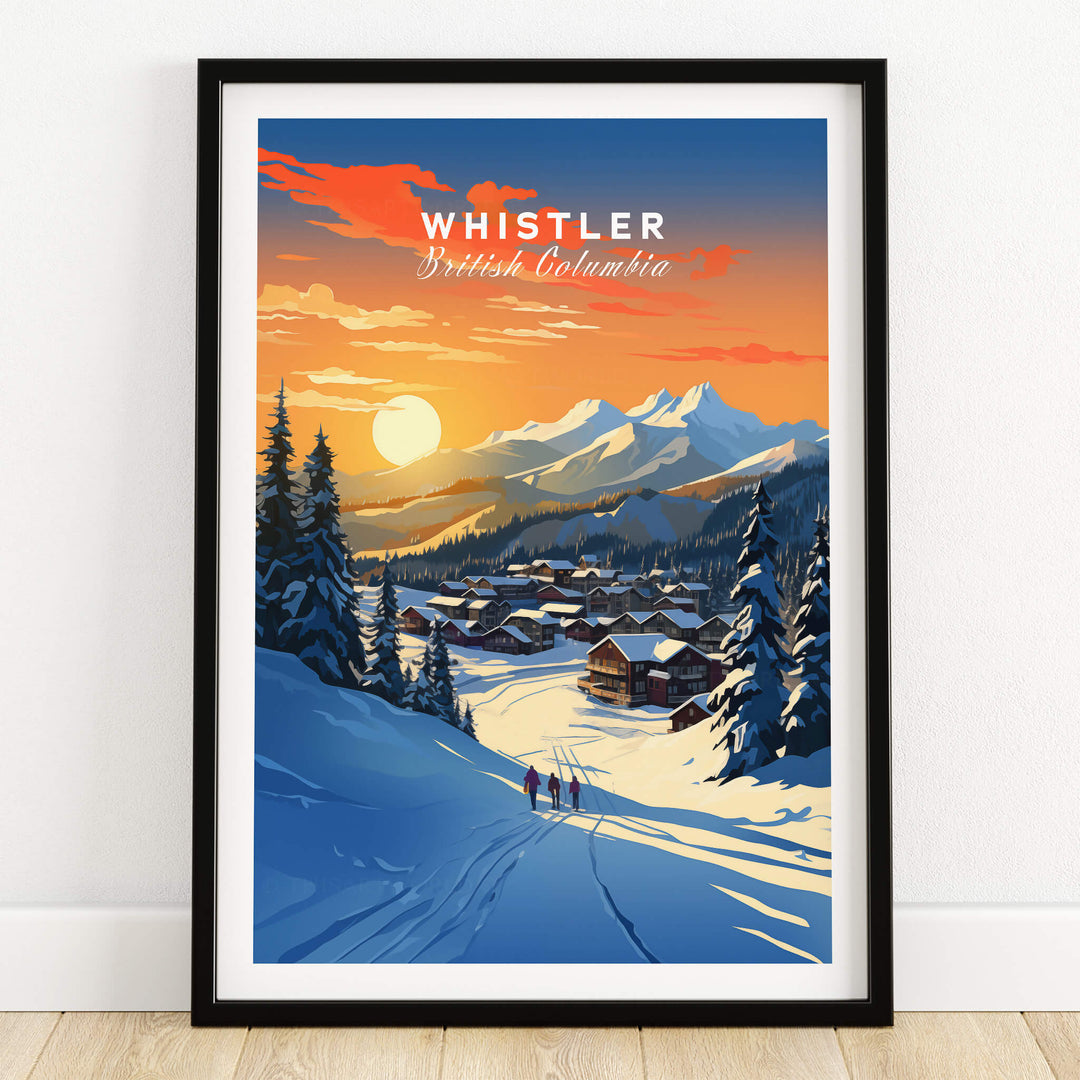 Whistler Wall Art Ski Print featuring a vibrant sunset over Whistler, British Columbia, capturing the beauty of the ski slopes.