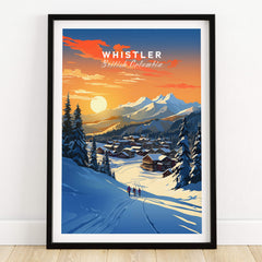 Whistler Wall Art Ski Print featuring a vibrant sunset over Whistler, British Columbia, capturing the beauty of the ski slopes.