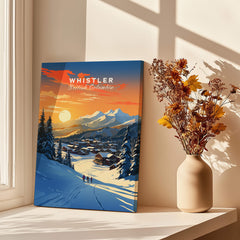 Whistler Wall Art Ski Print featuring a stunning sunset over snow-covered mountains and village in British Columbia.