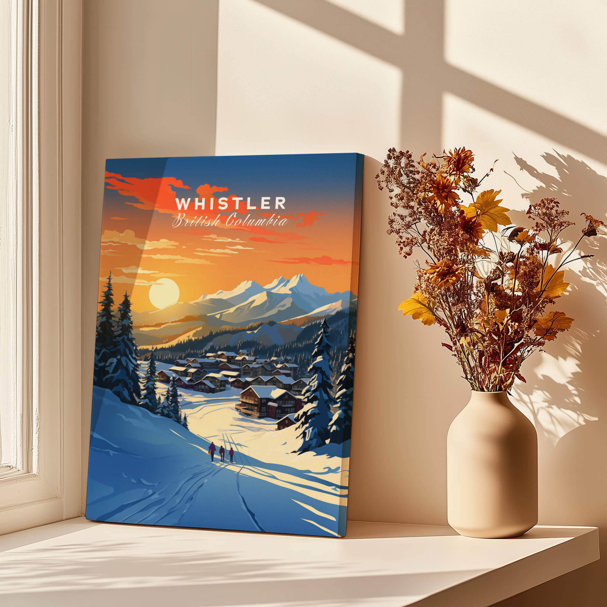 Whistler Wall Art Ski Print featuring a stunning sunset over snow-covered mountains and village in British Columbia.