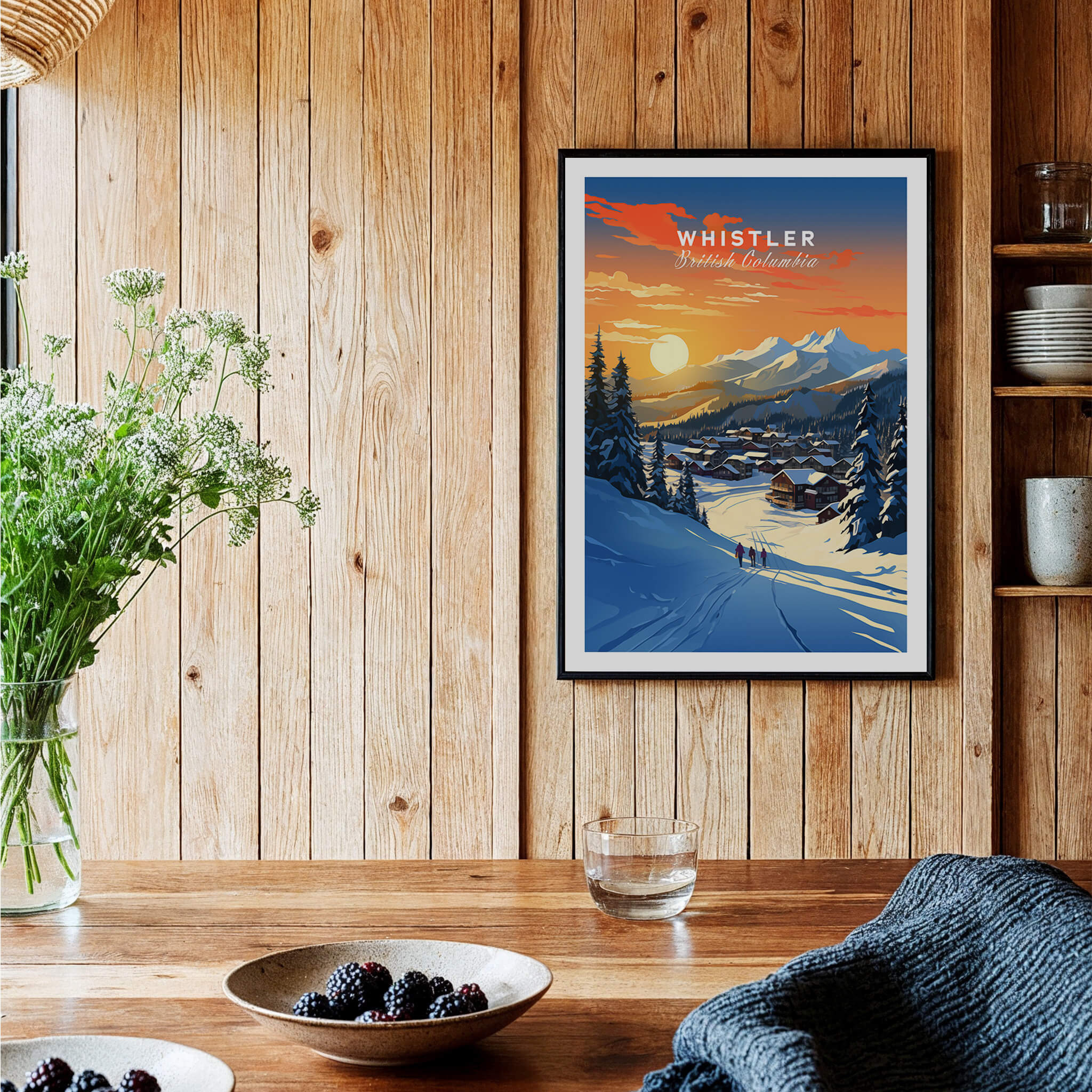 Whistler Wall Art Ski Print showcased in a cozy interior with wooden accents and natural decor.