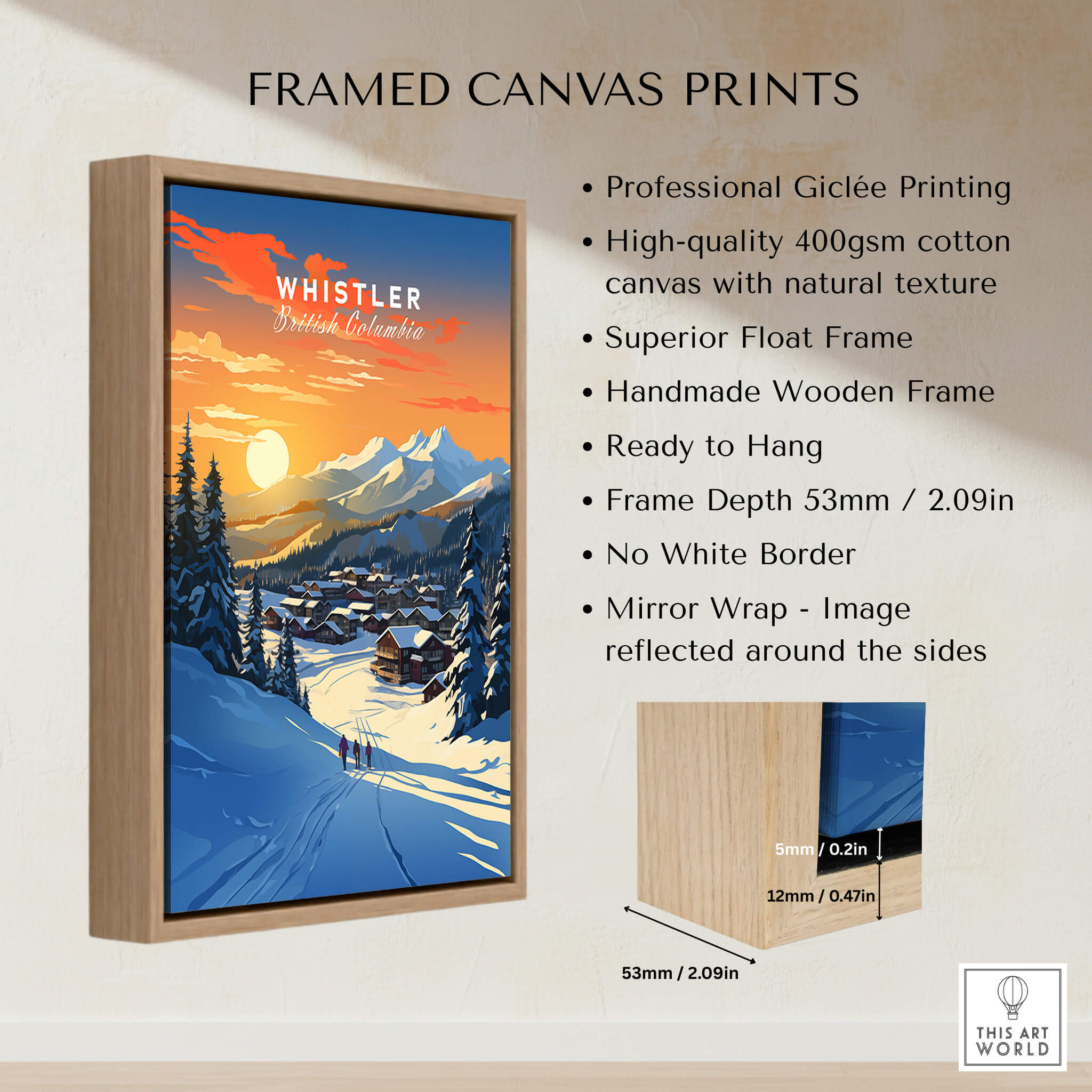 Whistler Wall Art Ski Print framed canvas featuring stunning sunset views and high-quality giclée printing.