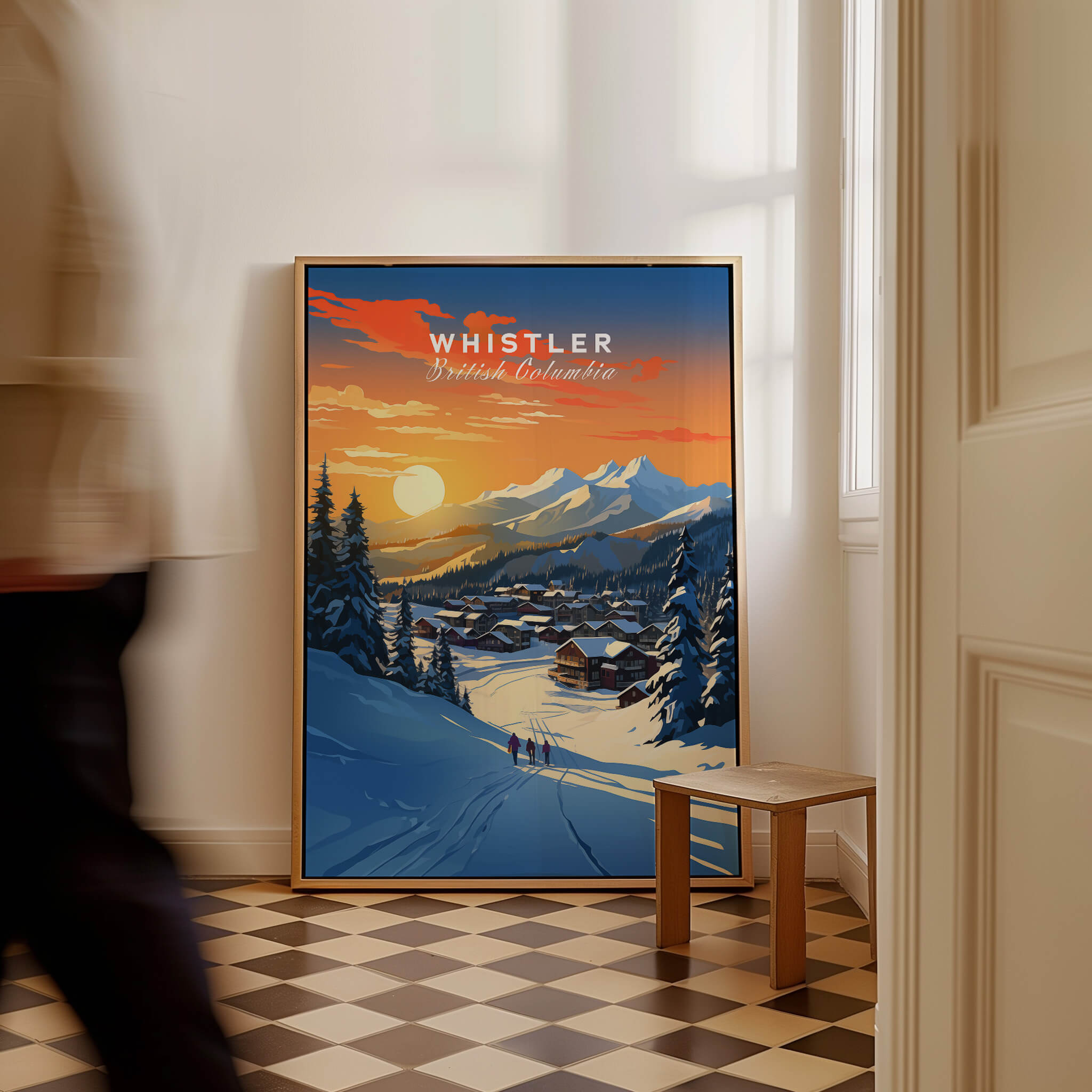 Whistler Wall Art Ski Print showcasing a vivid sunset over snowy slopes in Whistler, British Columbia.