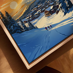 Whistler Wall Art Ski Print featuring a beautiful sunset over snowy slopes and cozy mountain cabins.