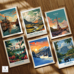 Whistler Wall Art Ski Print and travel-themed posters of Venice, Paris, Singapore, The Highlands, and Sri Lanka.