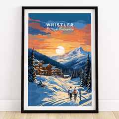 Whistler BC travel poster with snowy mountain, sunset sky, ski lodge, and skiers in winter landscape