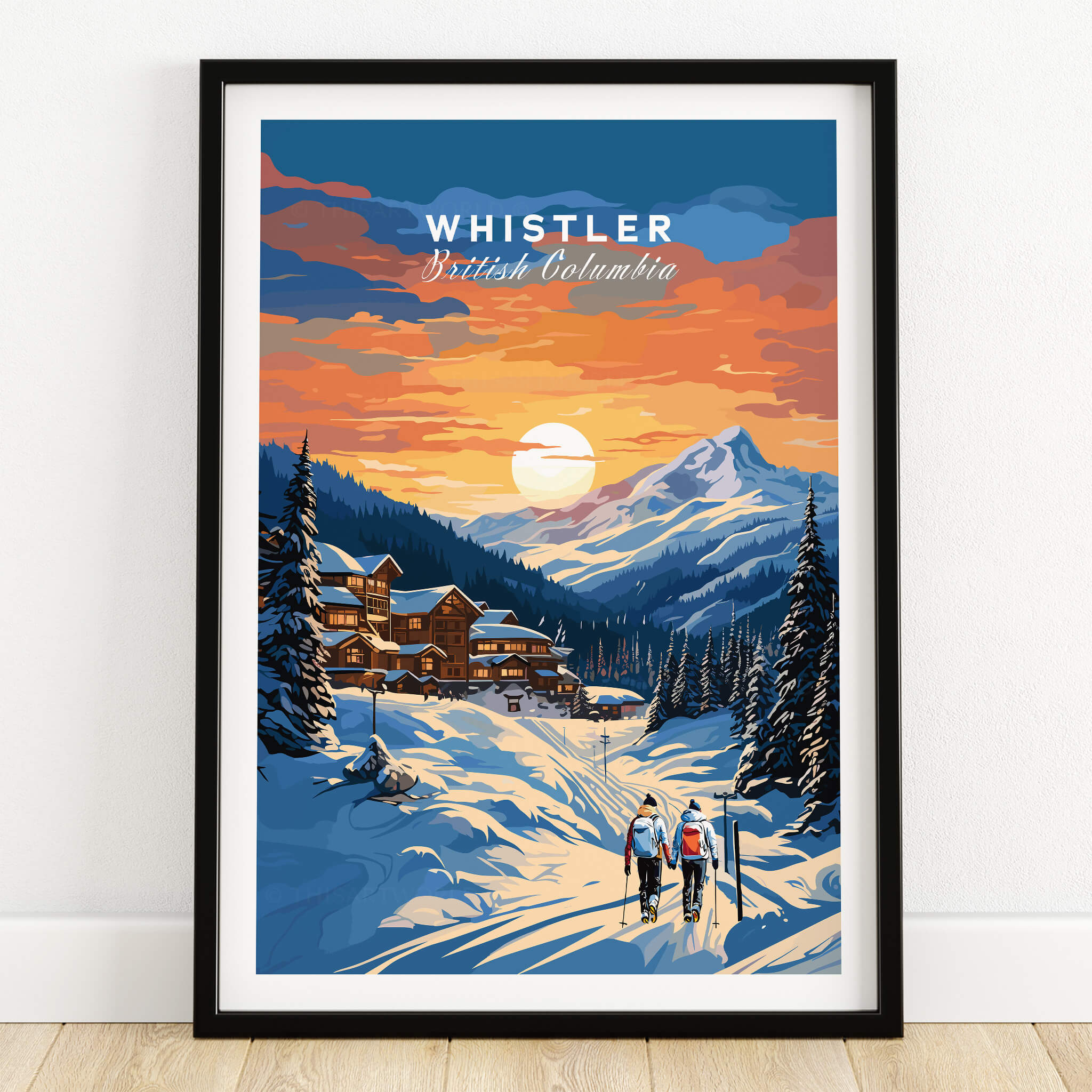Whistler BC travel poster with snowy mountain, sunset sky, ski lodge, and skiers in winter landscape