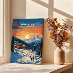 Whistler British Columbia travel poster with snowy mountains, skiers, and sunset décor.