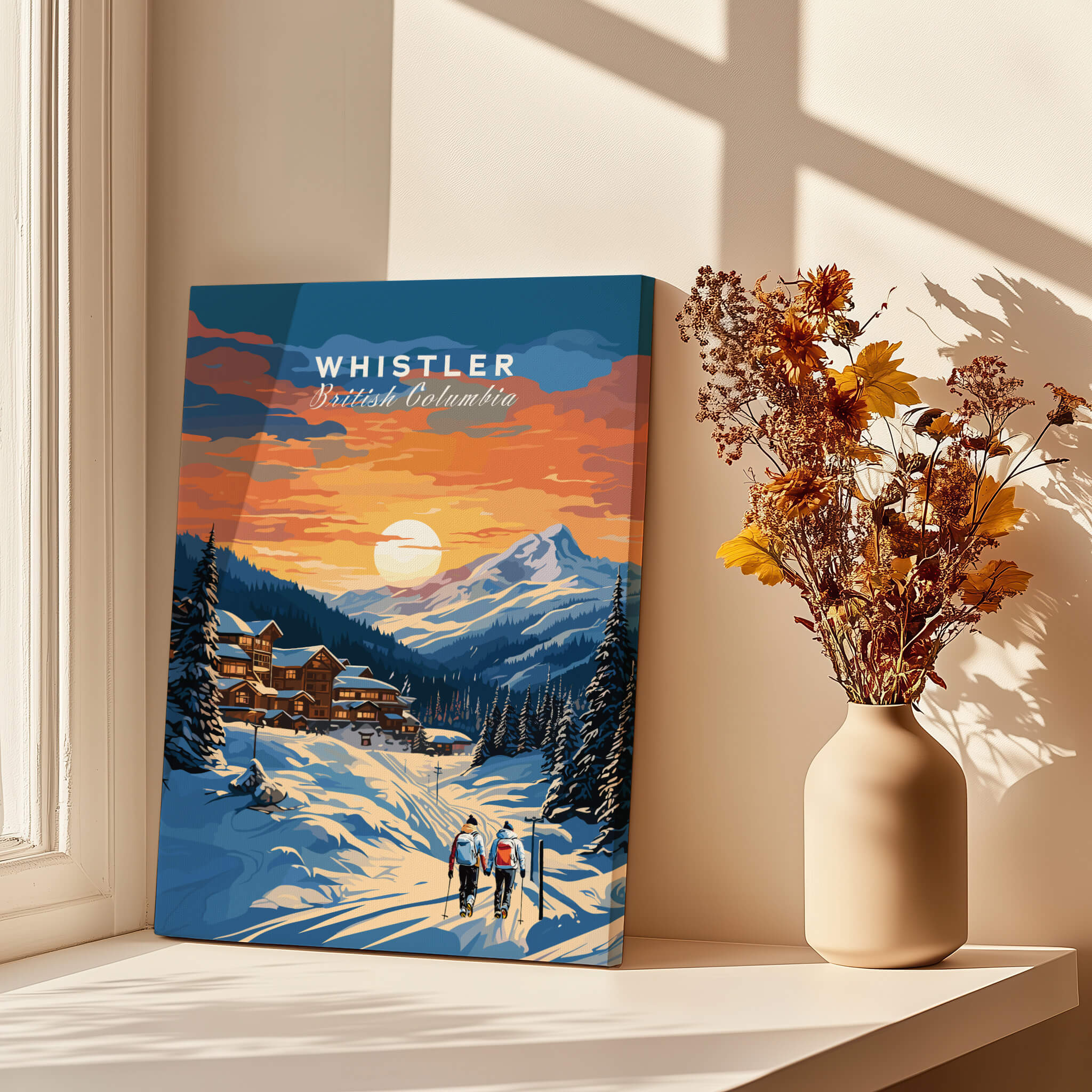 Whistler British Columbia travel poster with snowy mountains, skiers, and sunset décor.