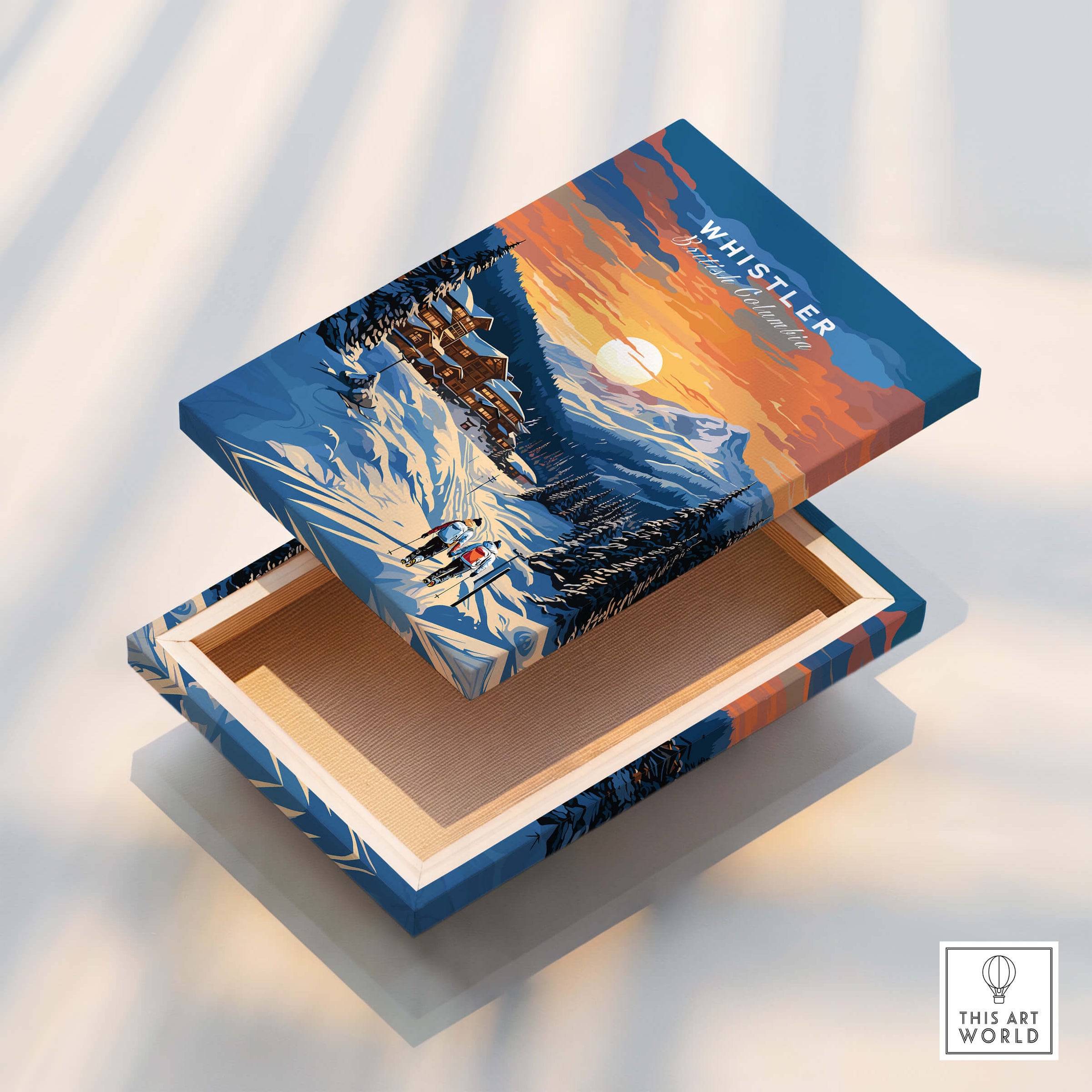 Whistler BC travel poster art box with snowy mountain, sunset, and skiers illustration