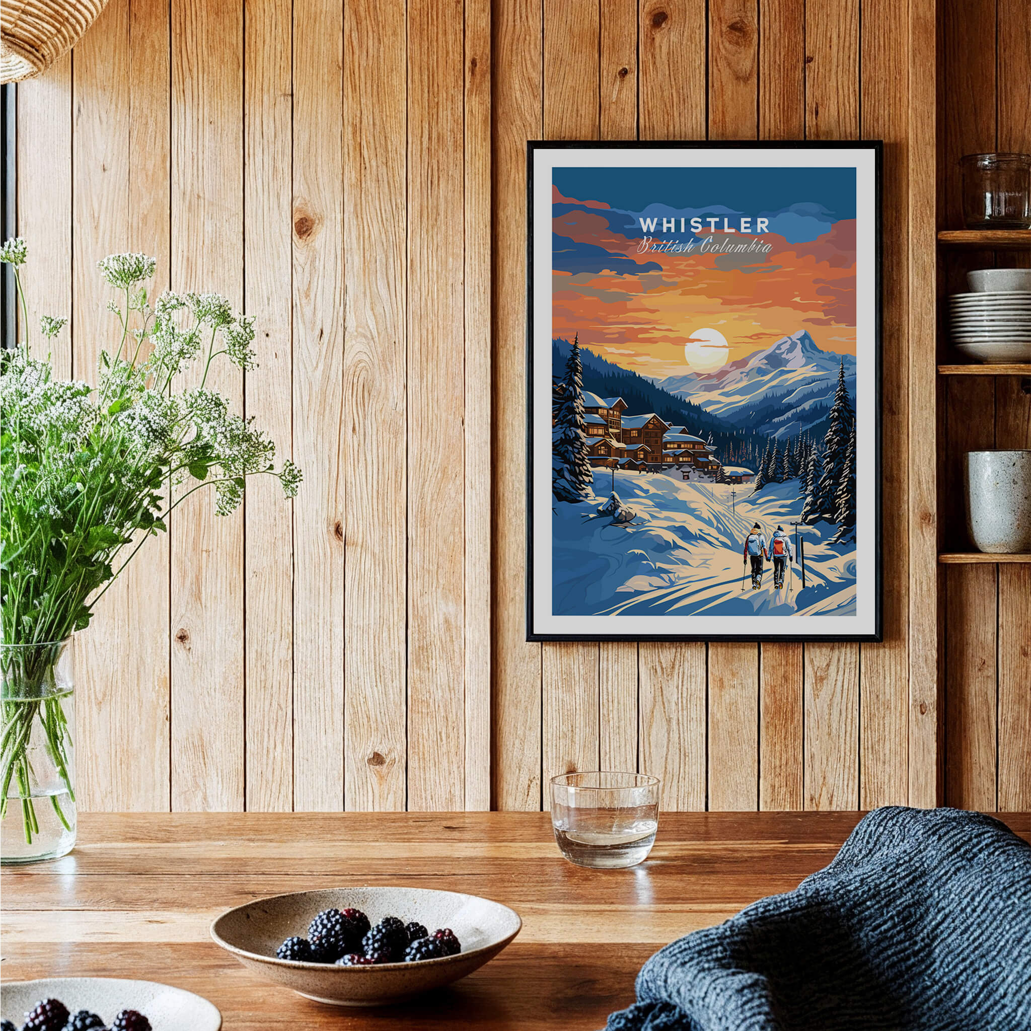 Framed Whistler British Columbia travel poster with snowy mountain and ski village decor