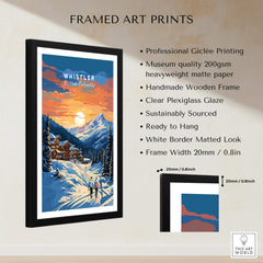 Framed Whistler British Columbia travel poster print, snowy mountain scene at sunset, home decor wall art.