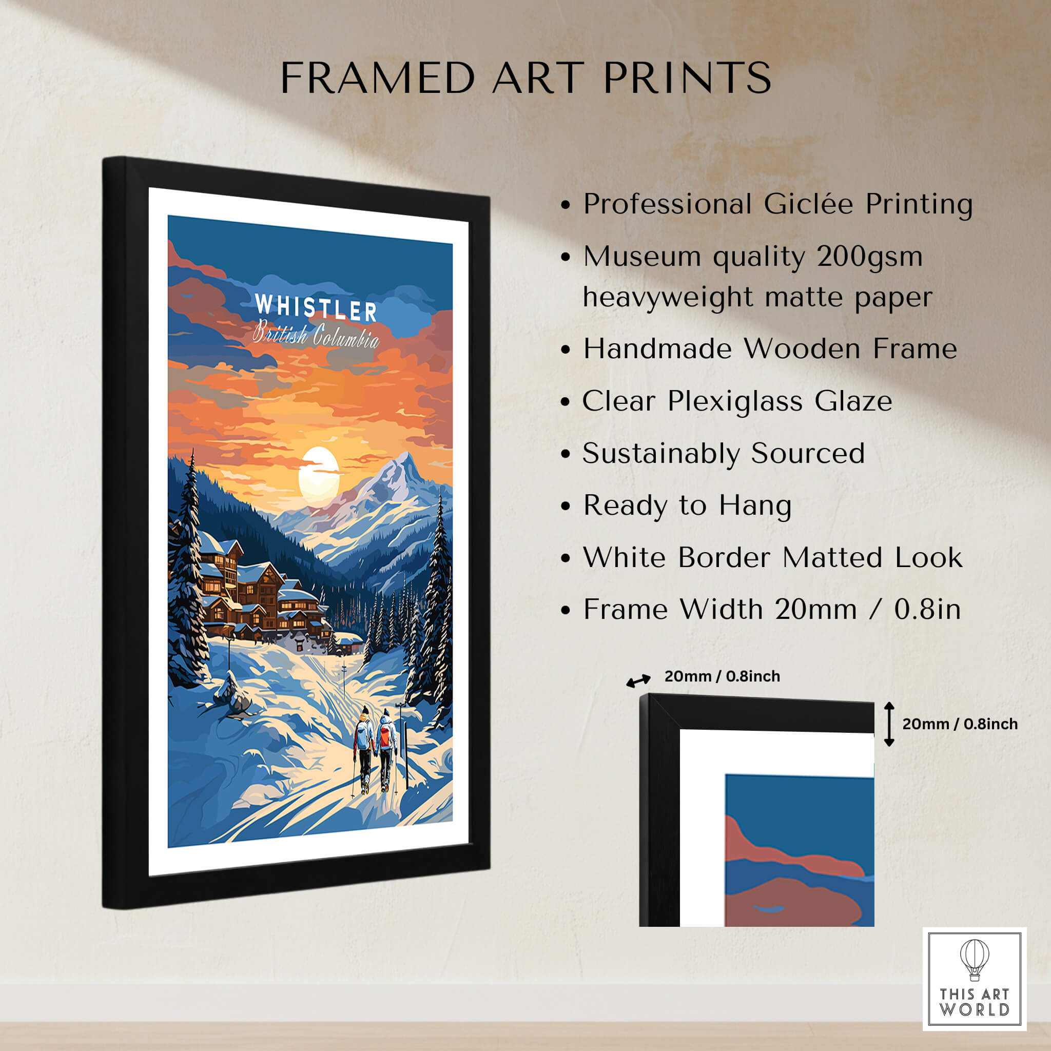 Framed Whistler British Columbia travel poster print, snowy mountain scene at sunset, home decor wall art.