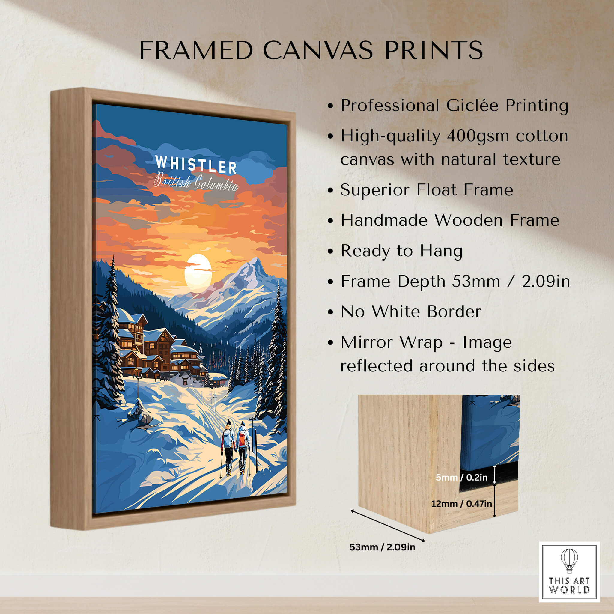 Whistler British Columbia travel poster framed canvas print with snowy mountain village scene