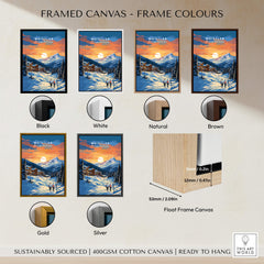 Framed Whistler BC travel poster art print with mountain landscape, shown in six frame color options.