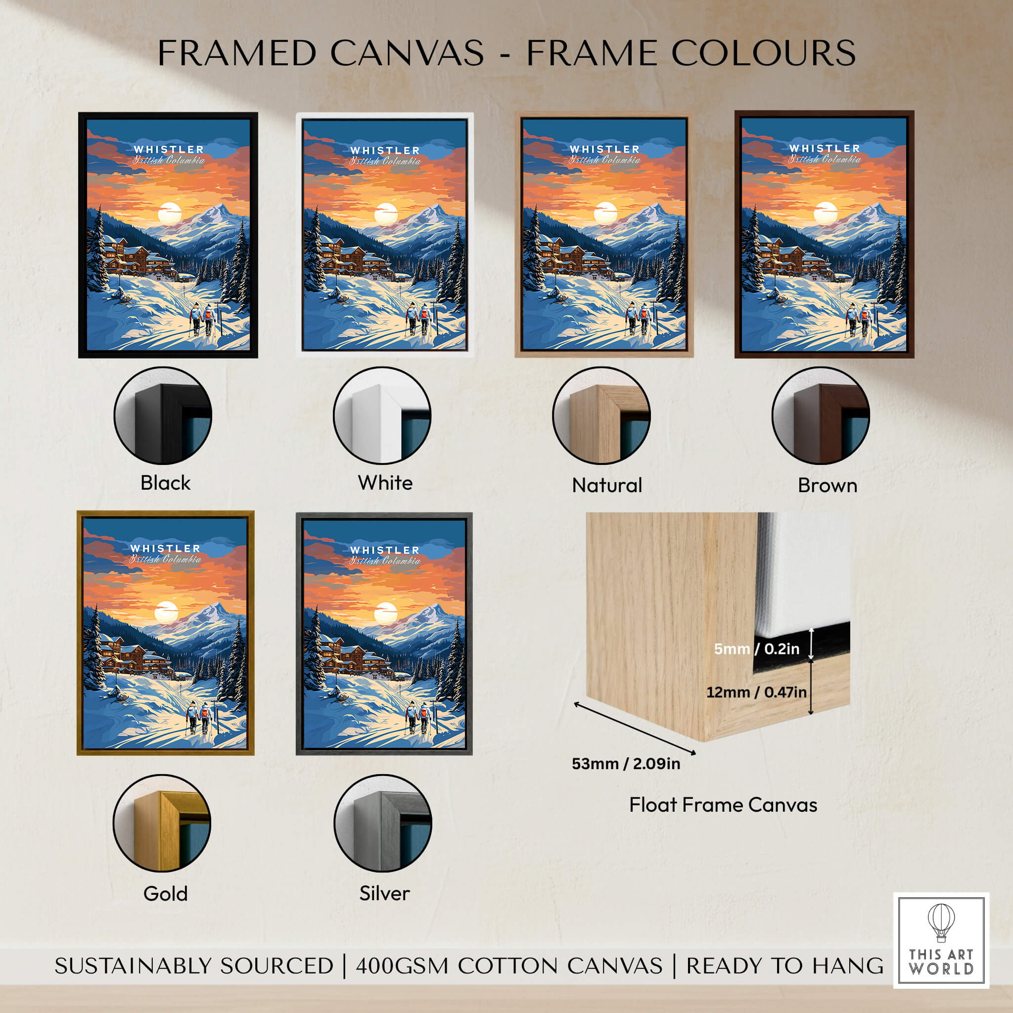 Framed Whistler BC travel poster art print with mountain landscape, shown in six frame color options.