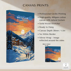 Whistler British Columbia canvas art print showing snowy mountains, ski lodge, and skiers at sunset