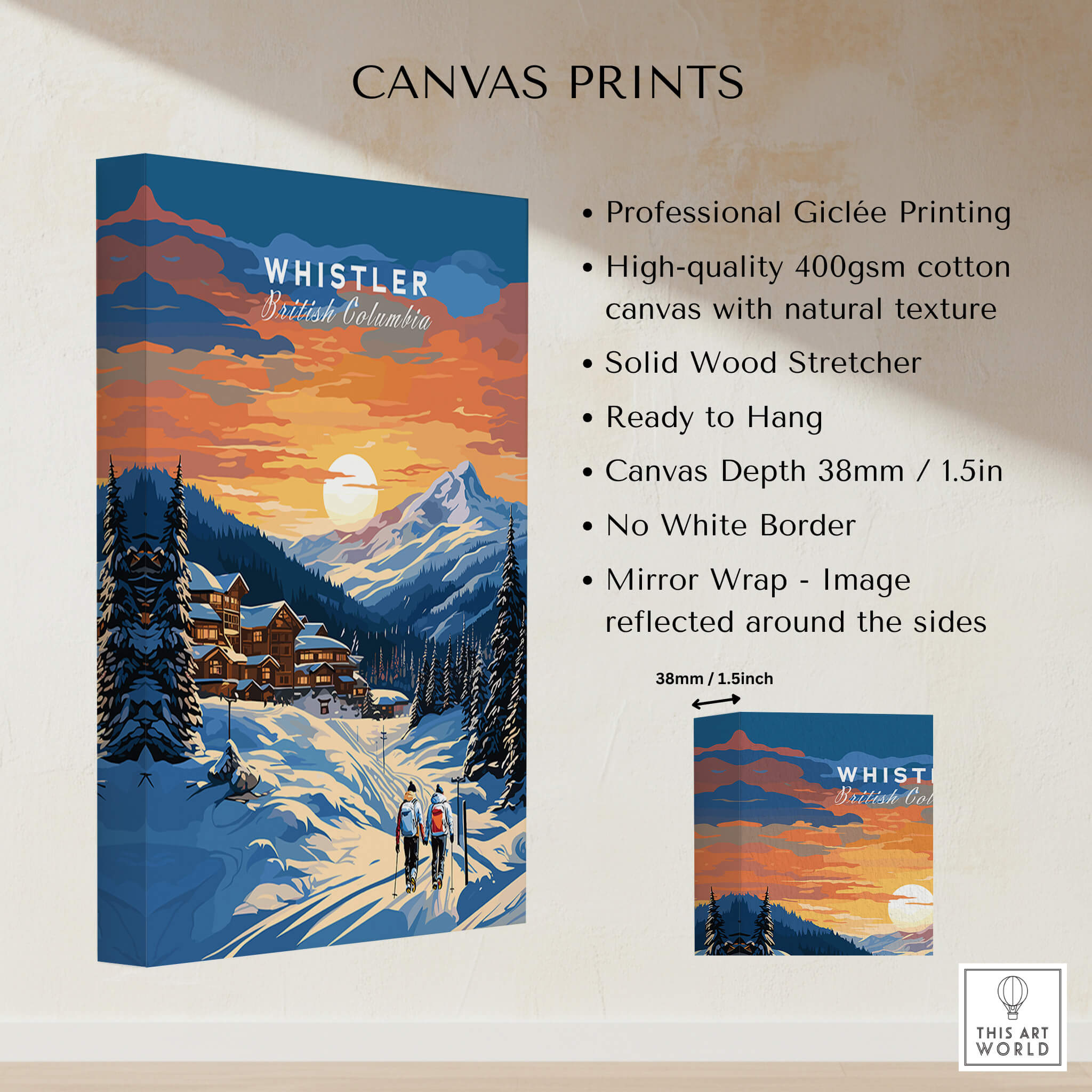 Whistler British Columbia canvas art print showing snowy mountains, ski lodge, and skiers at sunset