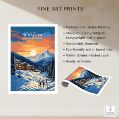 Whistler British Columbia travel poster art print with snowy mountain and sunset scene