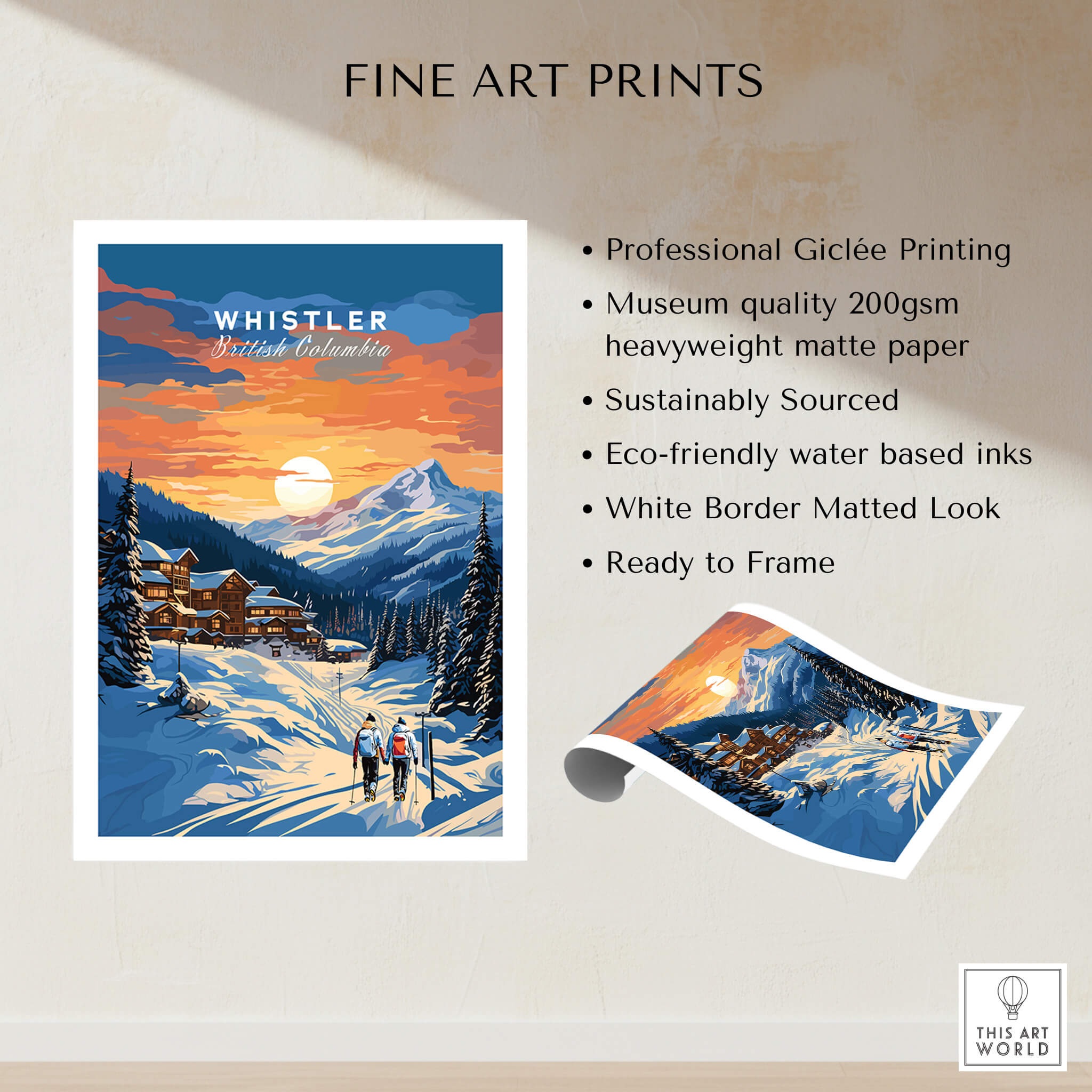 Whistler British Columbia travel poster art print with snowy mountain and sunset scene