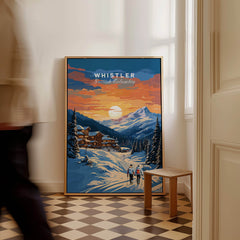 Whistler British Columbia travel poster with snowy mountain scene and skiers, wall art decor