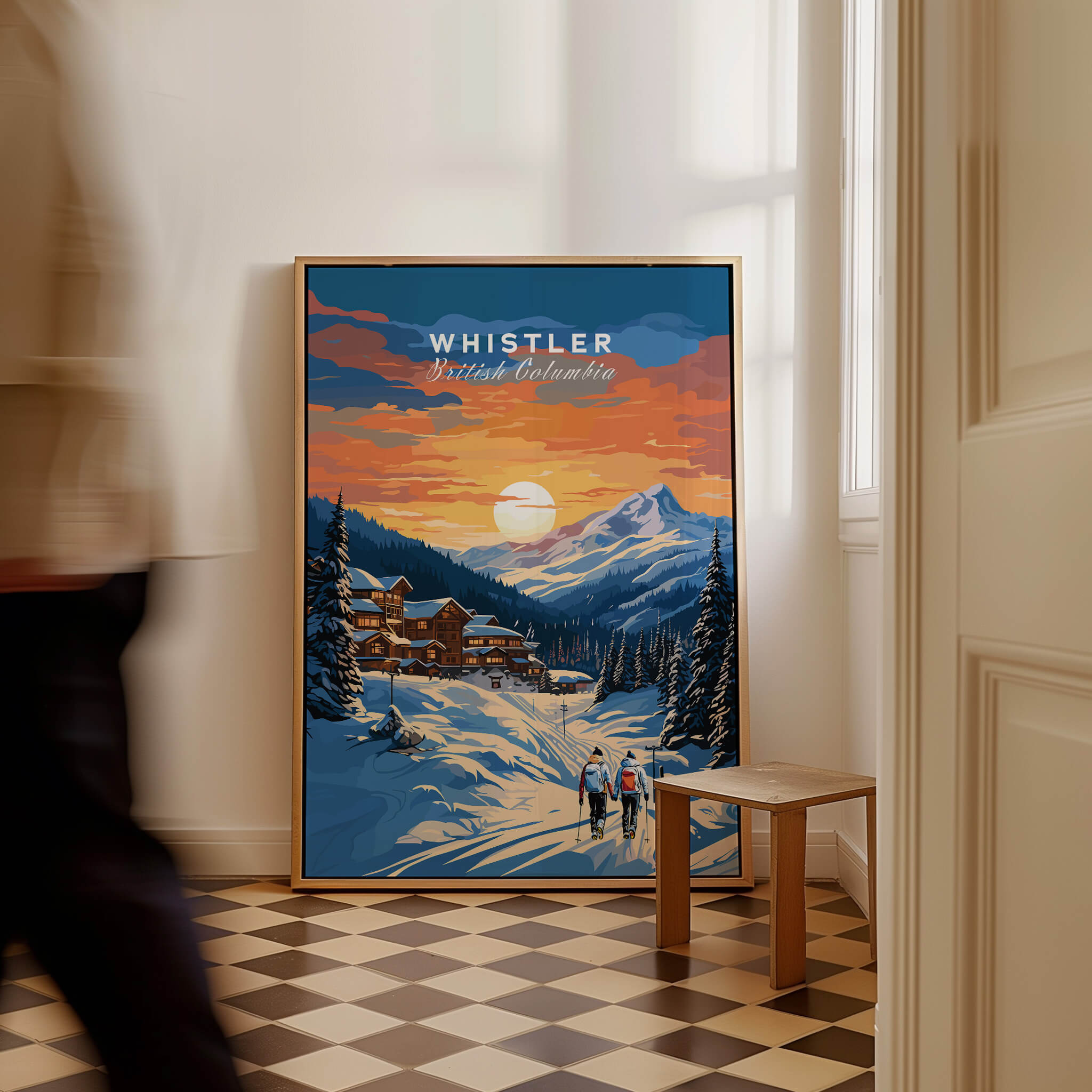Whistler British Columbia travel poster with snowy mountain scene and skiers, wall art decor