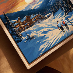 Whistler winter ski resort poster with skiers, snowy mountains, and cozy lodges at sunset