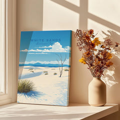 White Sands National Park art print on canvas by window, vase with dried flowers nearby
