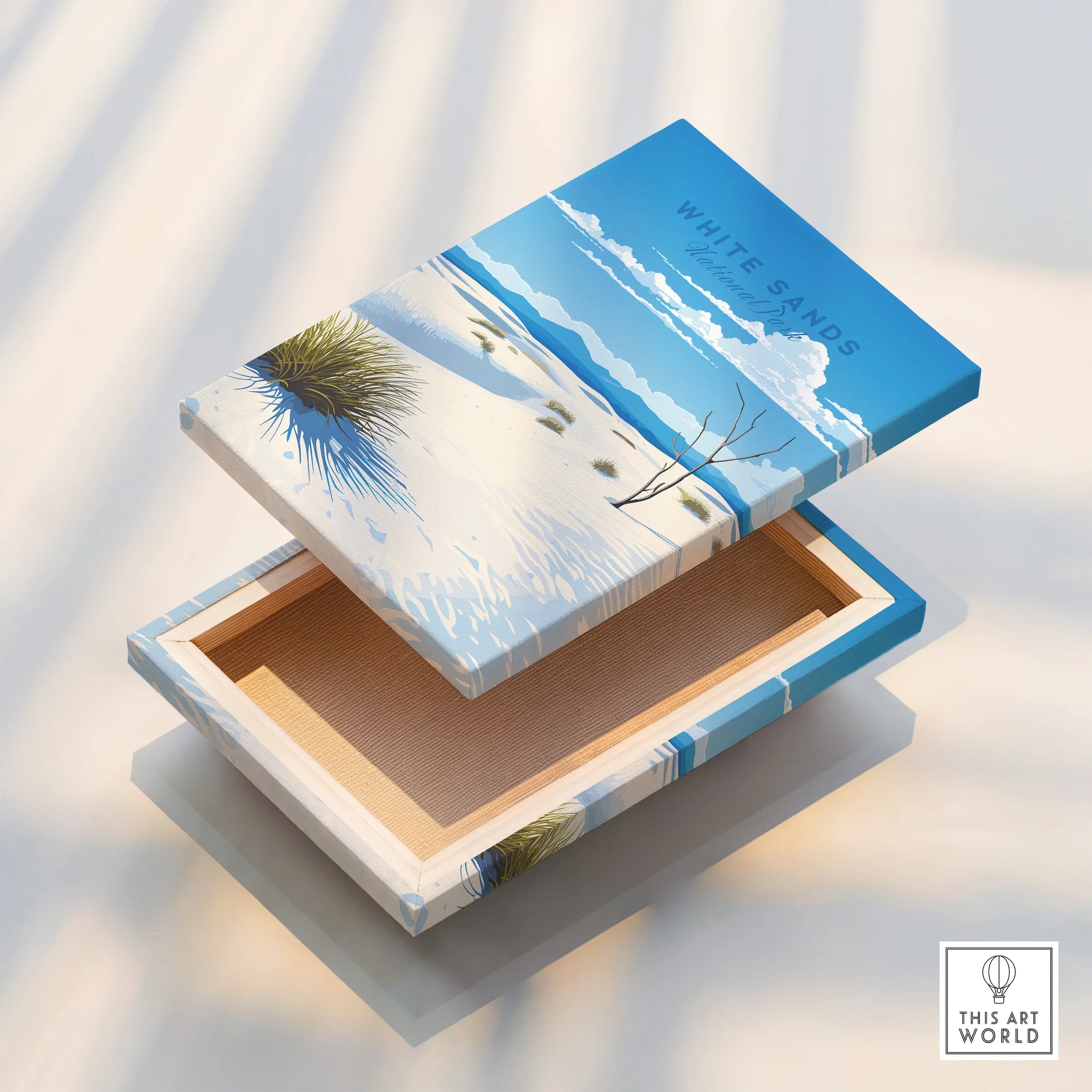 White Sands National Park canvas print box with desert landscape and blue sky design