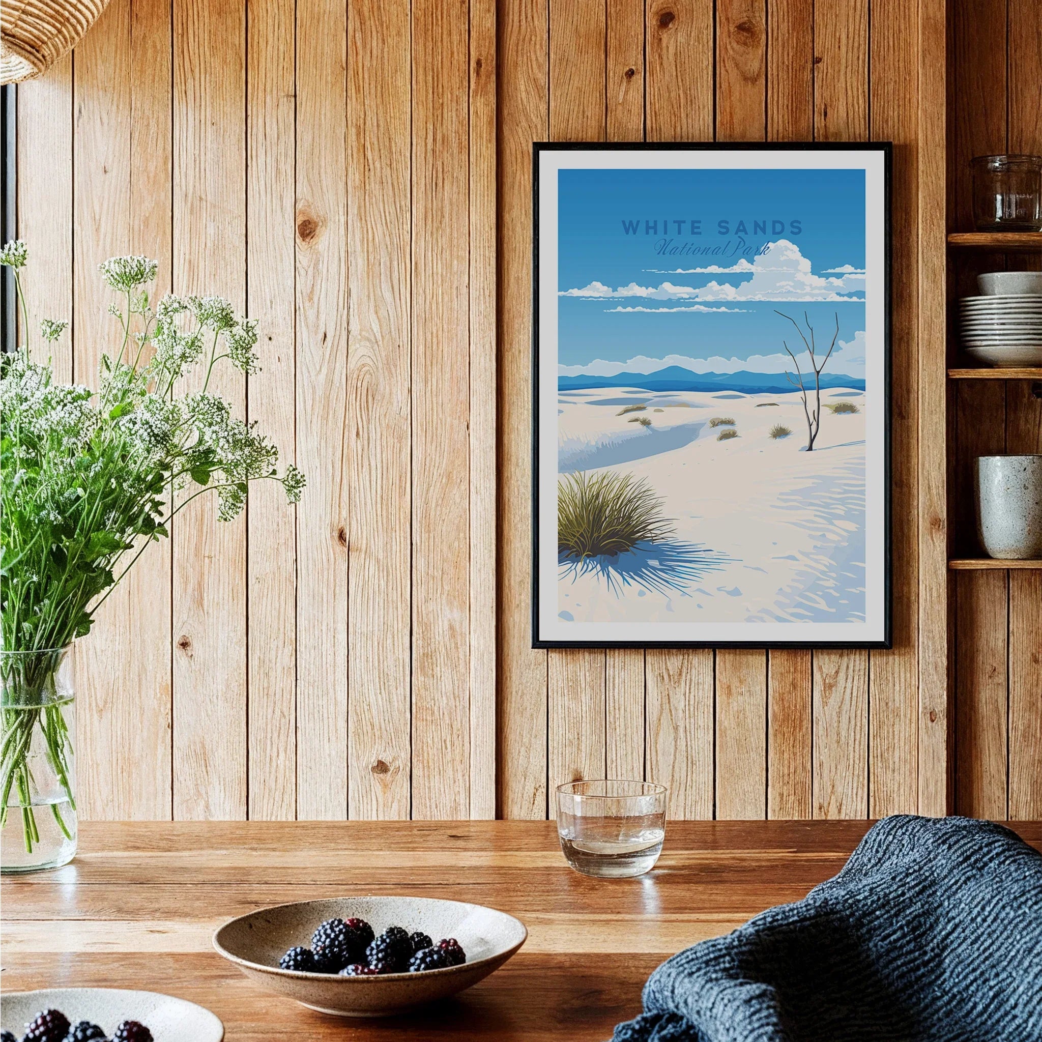 White Sands National Park art print with desert landscape in modern kitchen decor