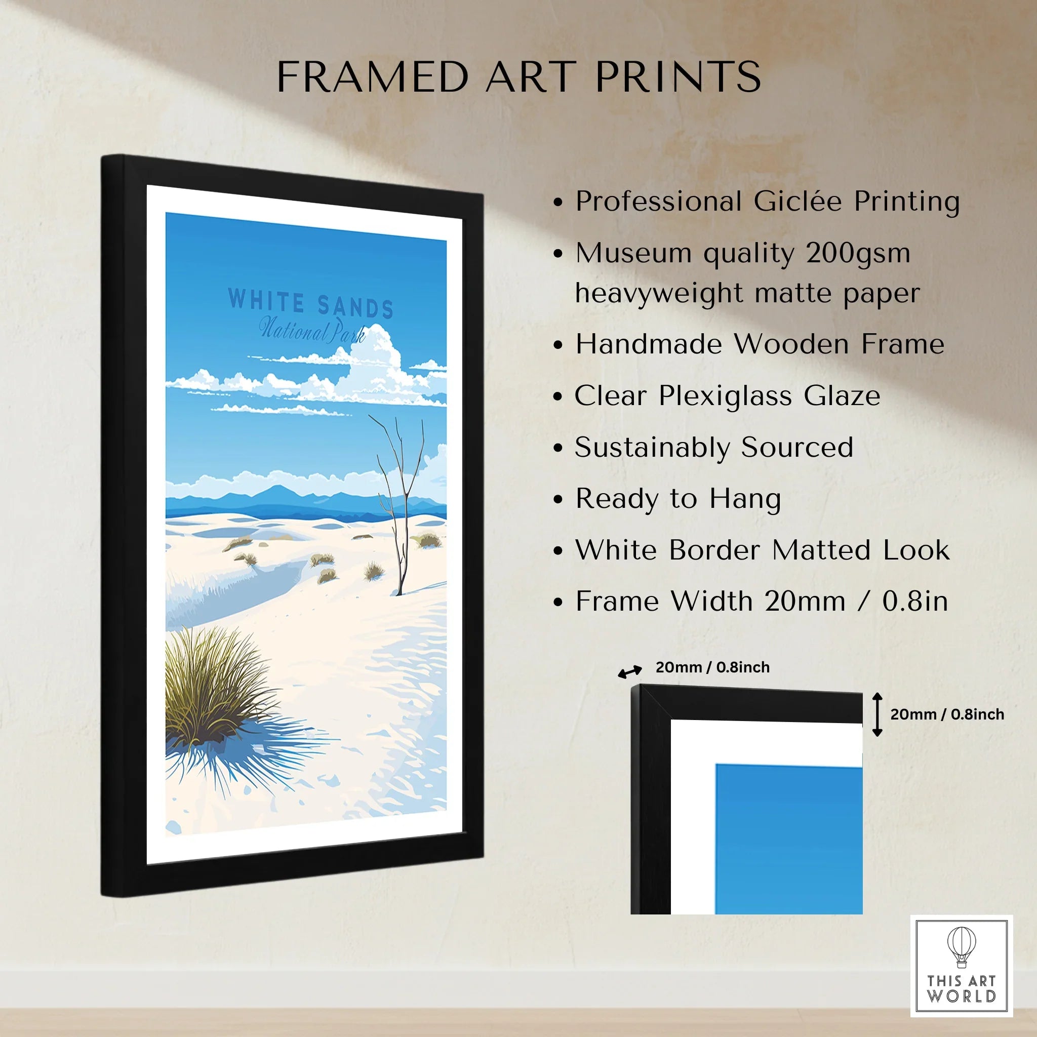 Framed White Sands National Park art print with blue sky, sand dunes, and product details