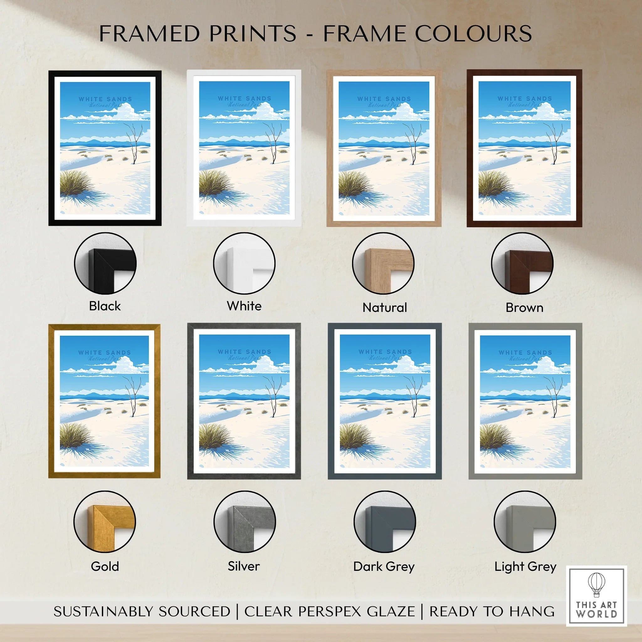 White Sands National Park print in various frame colours, modern minimalist desert wall art