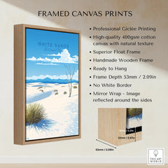 Framed canvas print of White Sands National Park landscape with blue sky and sand dunes.