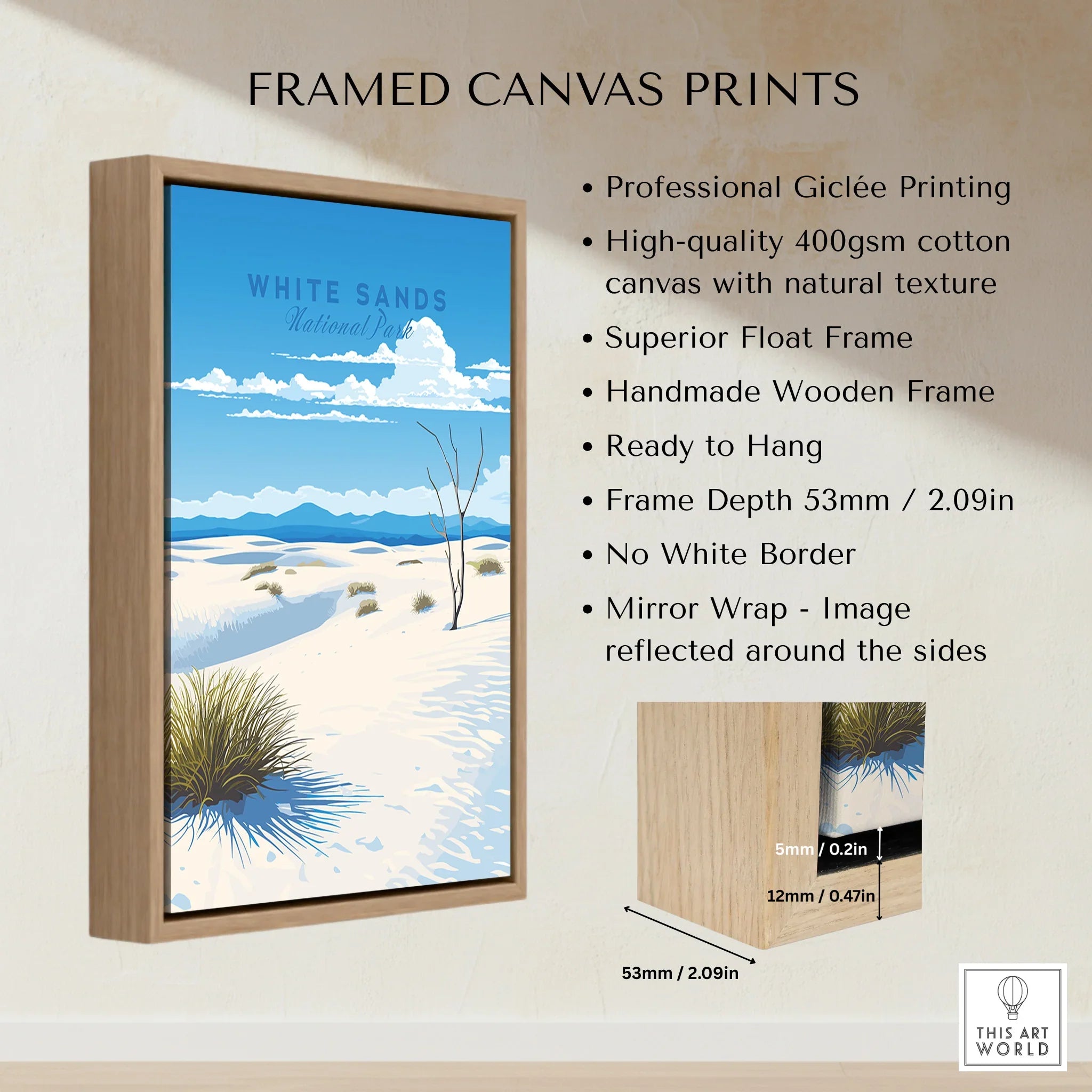 Framed canvas print of White Sands National Park landscape with blue sky and sand dunes.