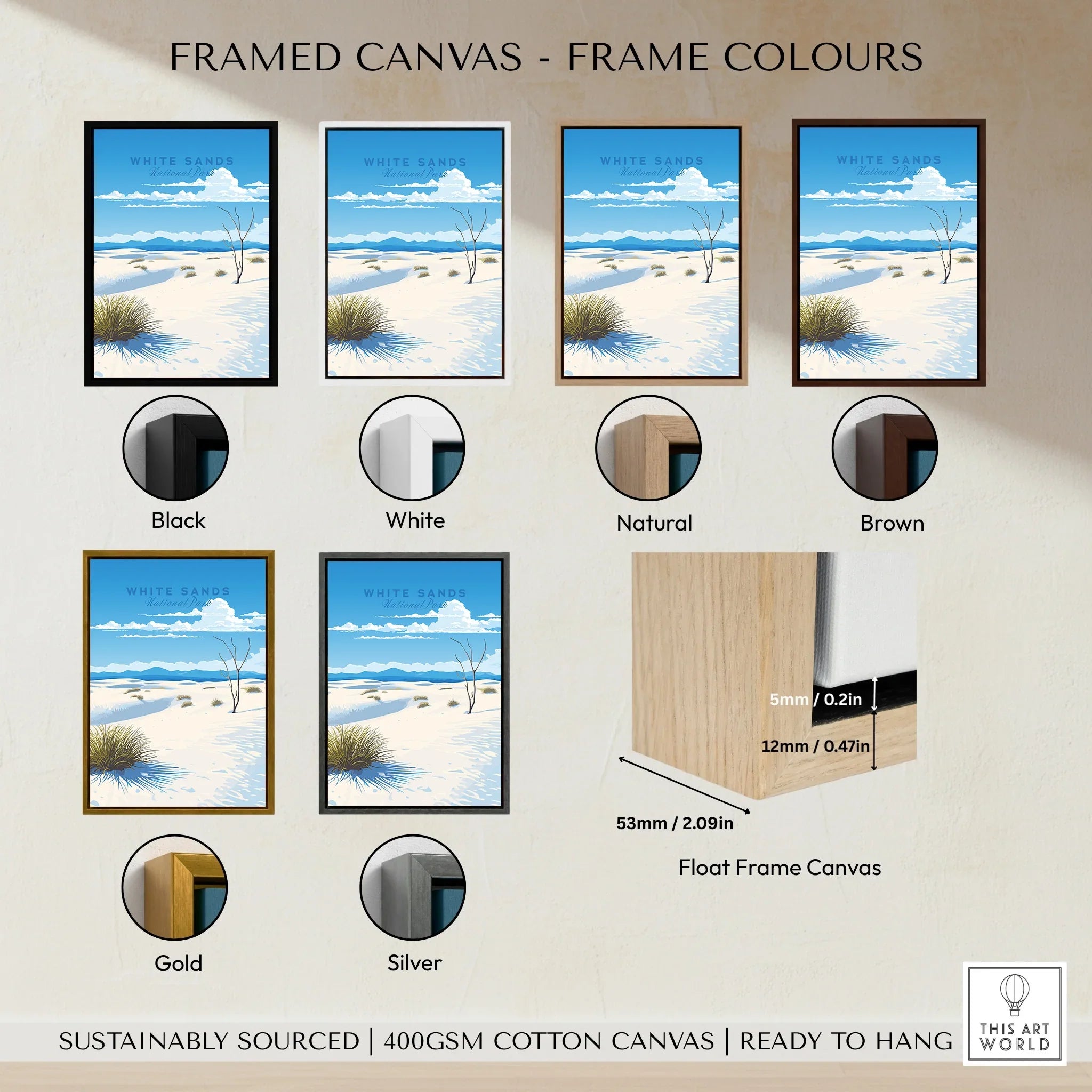 White Sands National Park framed canvas wall art in six frame color options: black, white, natural, brown, gold, and silver.