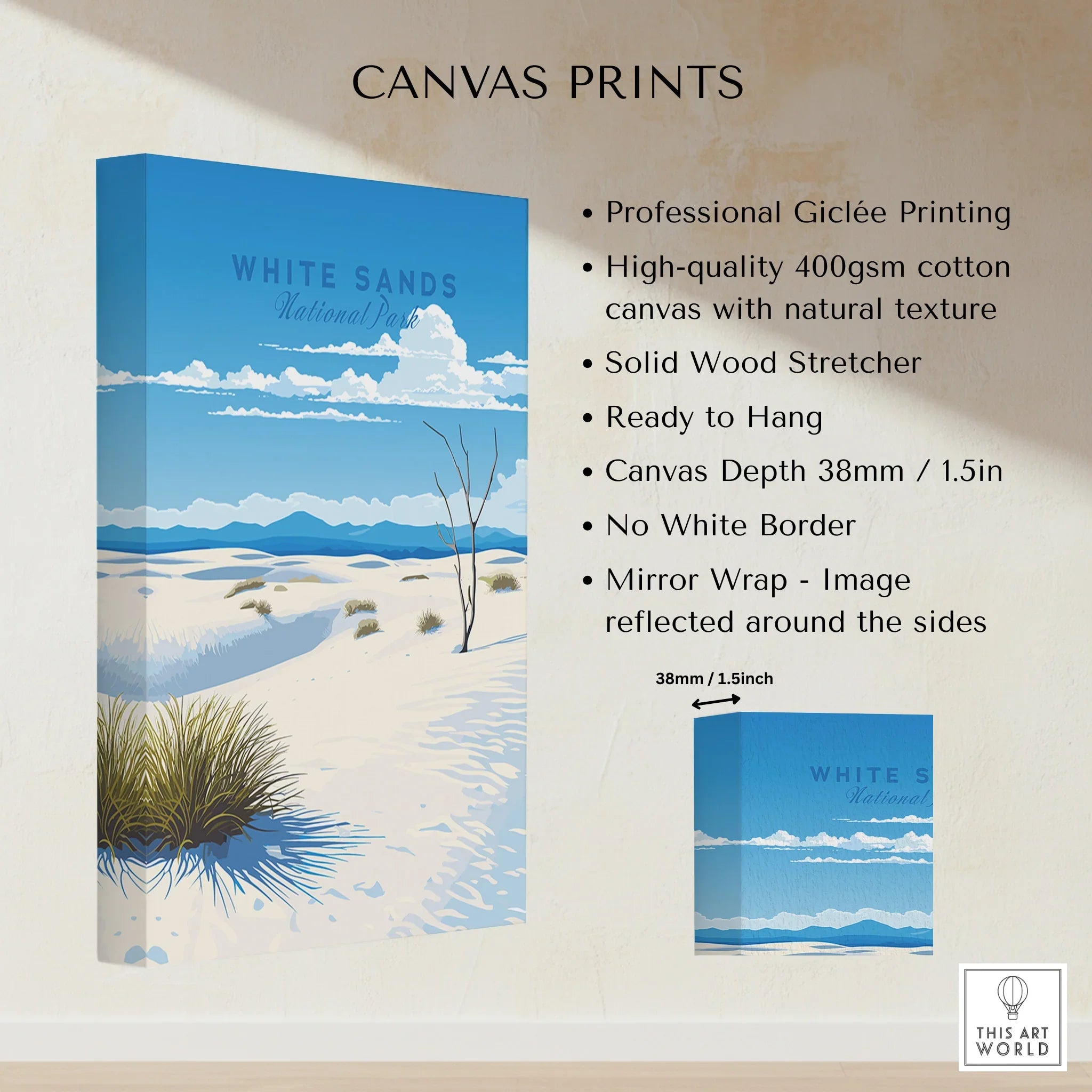 White Sands National Park canvas print, desert landscape wall art with blue sky and sand dunes