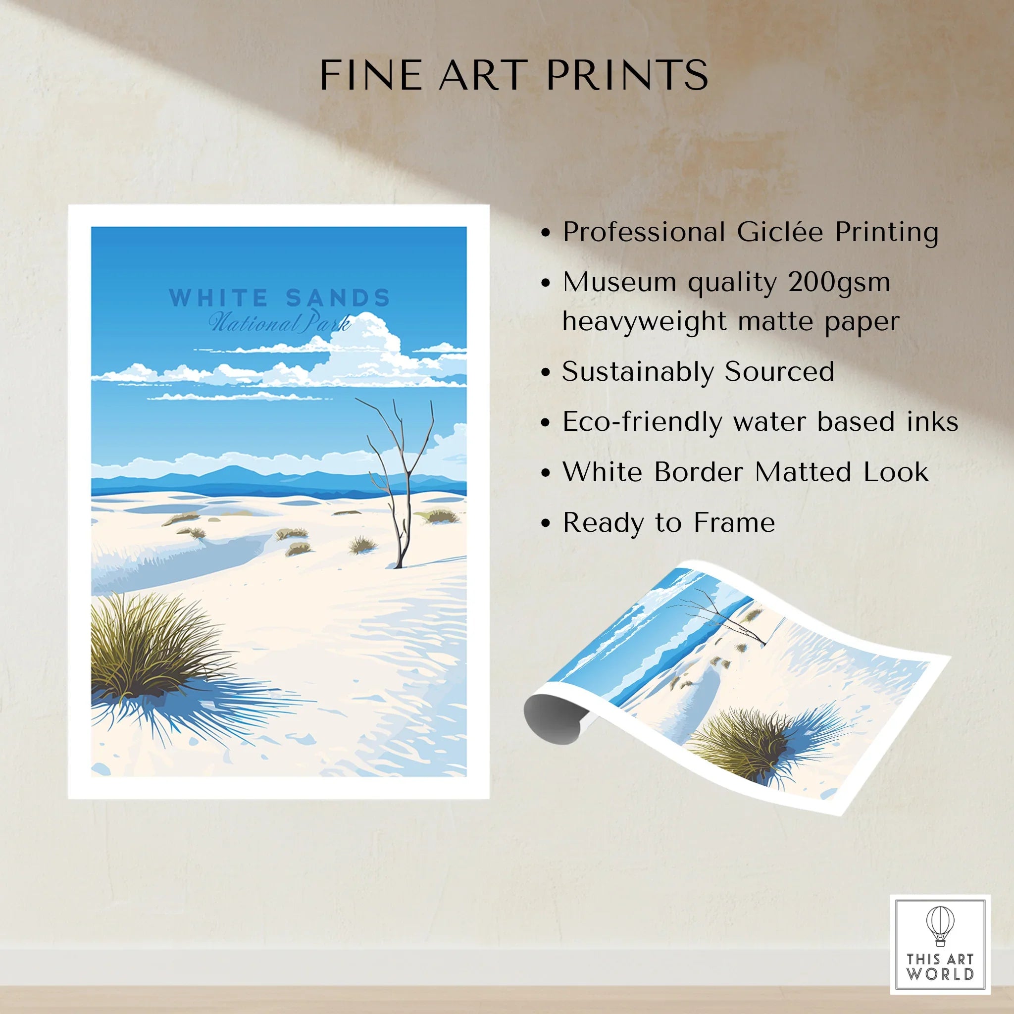 White Sands National Park fine art print with desert scene, blue sky, and white matte border.
