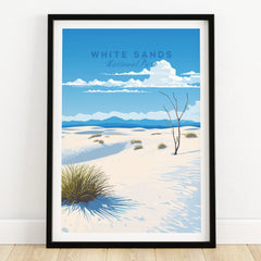 White Sands National Park art print in black frame on wooden floor, desert landscape wall art