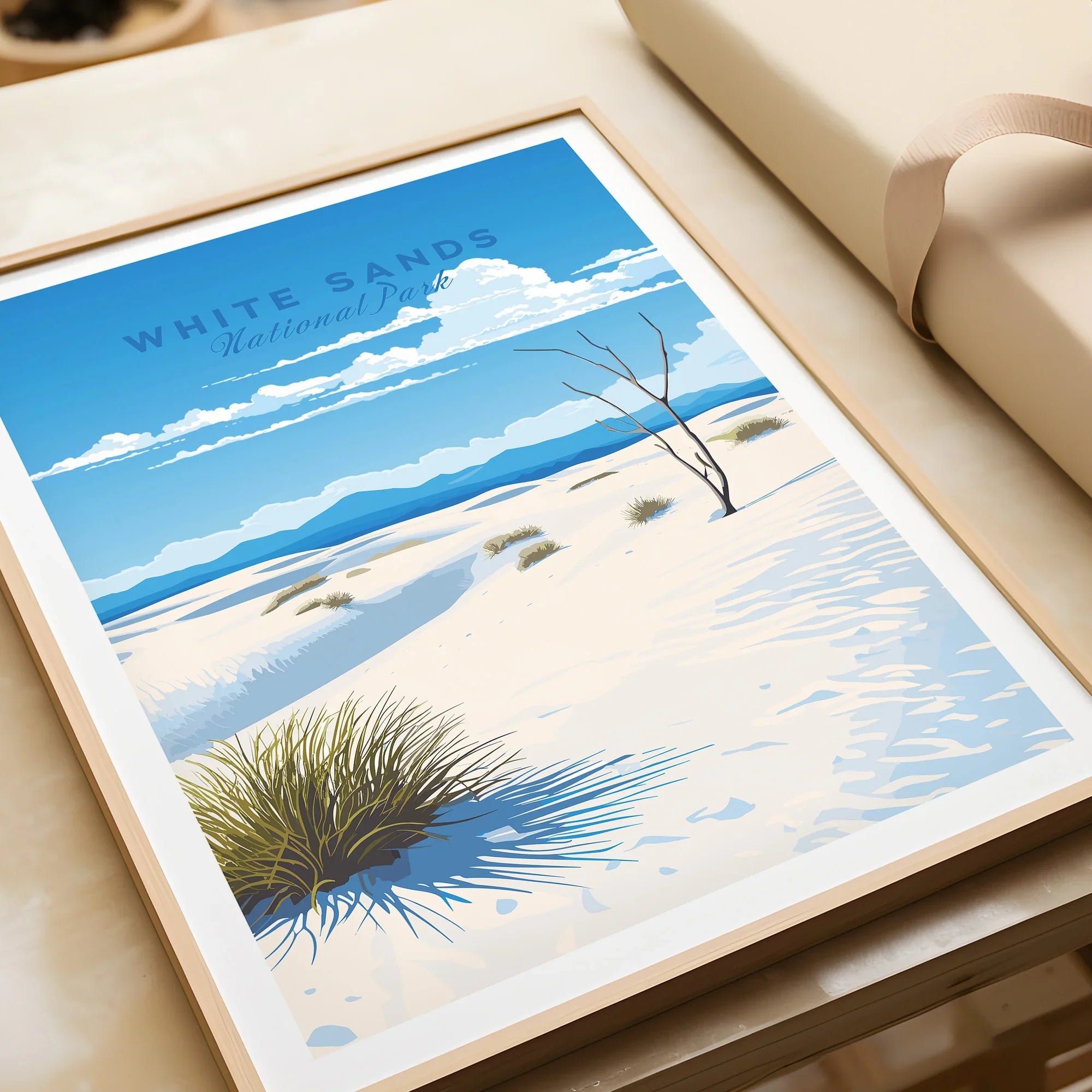 Framed White Sands National Park art print with desert dunes and blue sky, close-up view
