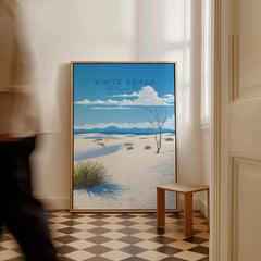 Framed White Sands National Park travel poster on floor in bright room with checkered tile