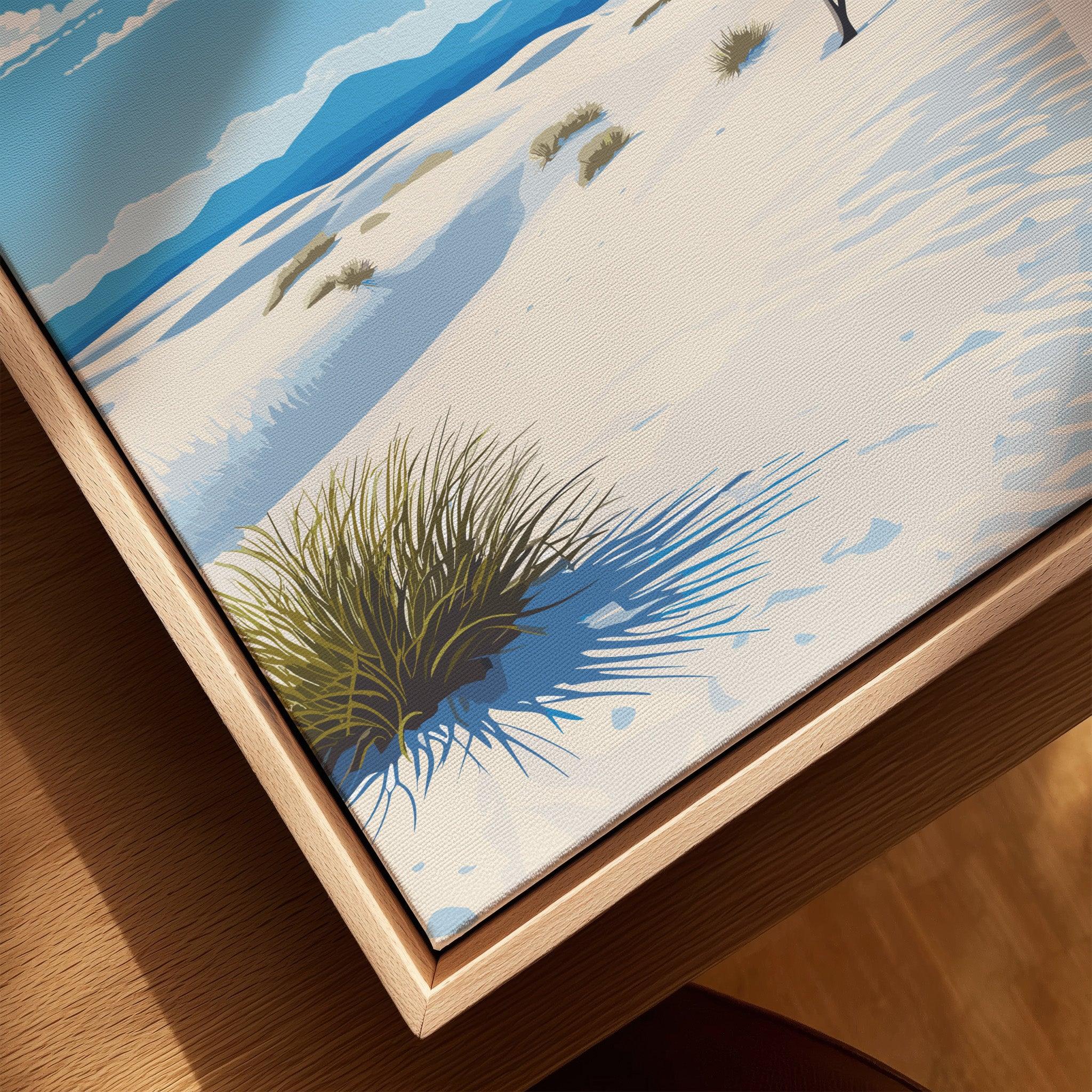 Framed canvas print of White Sands National Park with desert dunes and yucca grass detail