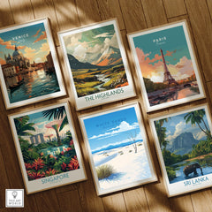 Set of six framed travel posters featuring Venice, Paris, Highlands, White Sands, Singapore, Sri Lanka displayed on wooden floor.